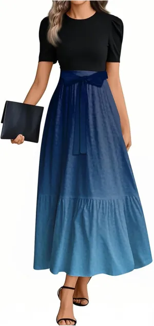 Women 2025 Summer Casual Round Neck Short Sleeve Long Tiered Floral Maxi Flowy Beach Dress