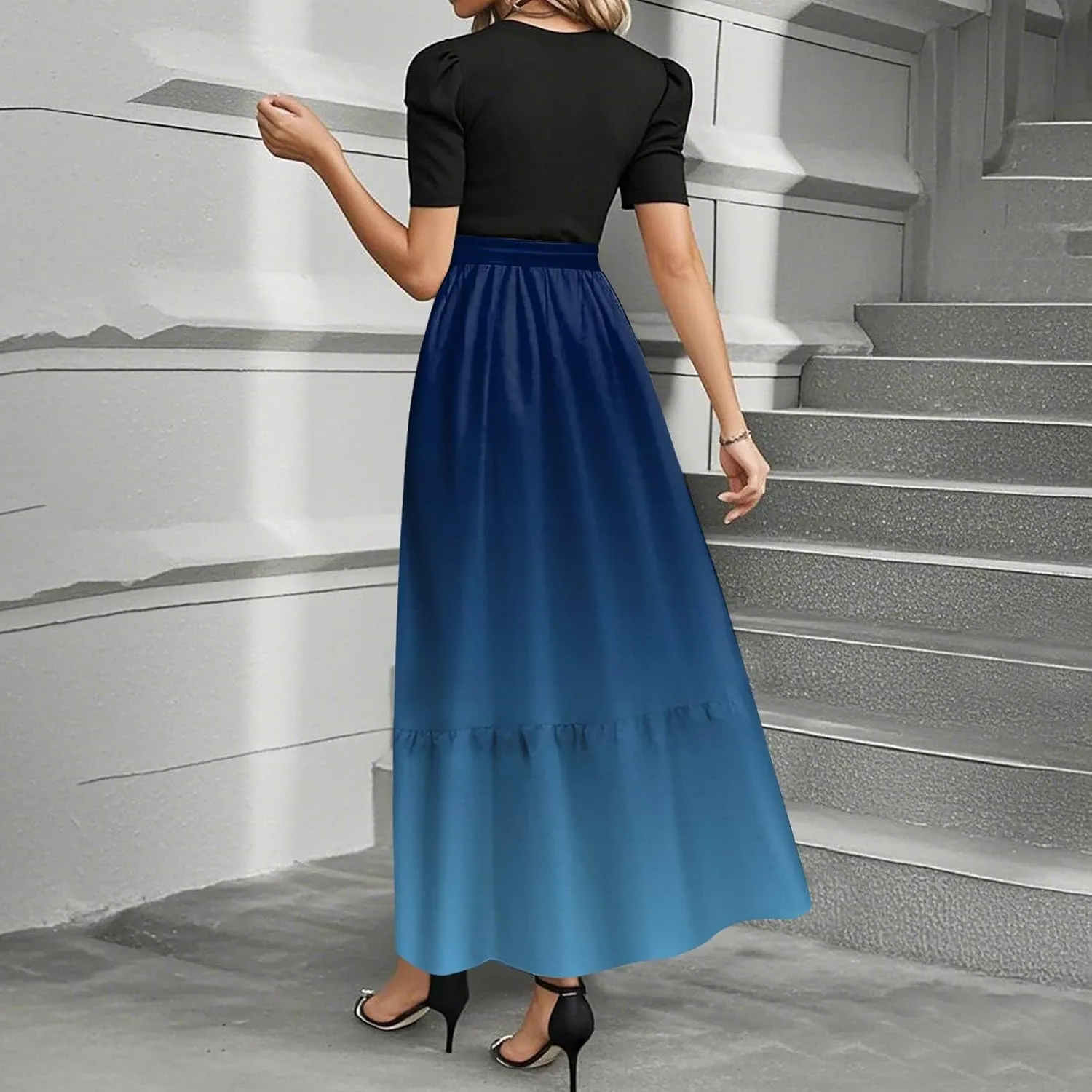 Women 2025 Summer Casual Round Neck Short Sleeve Long Tiered Floral Maxi Flowy Beach Dress