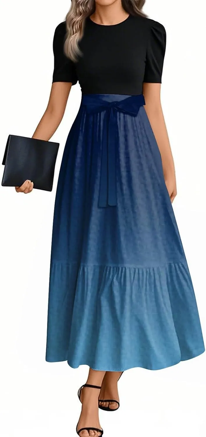 Women 2025 Summer Casual Round Neck Short Sleeve Long Tiered Floral Maxi Flowy Beach Dress