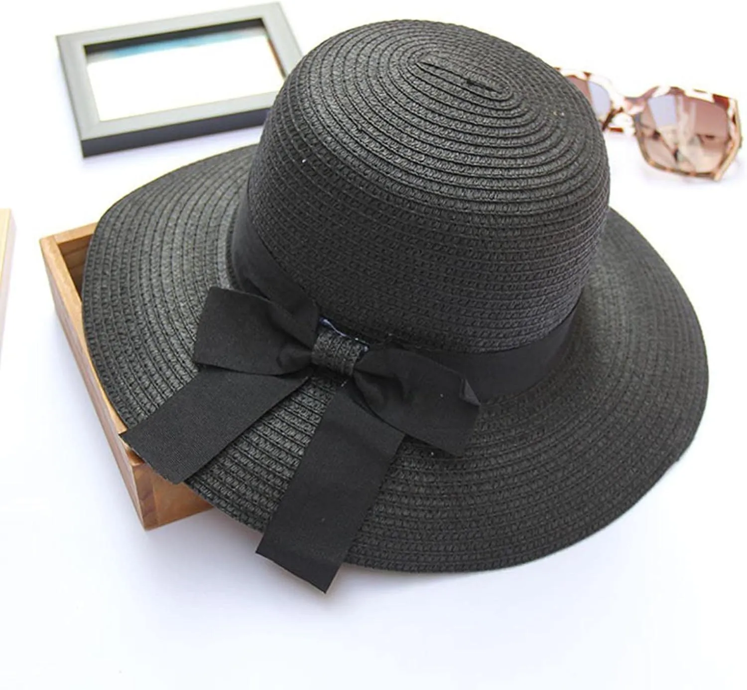 Women Bow Straw Hat Foldable Sunscreen Beach Bucket Hats Summer Sunshade Wide Brim Sun Hats