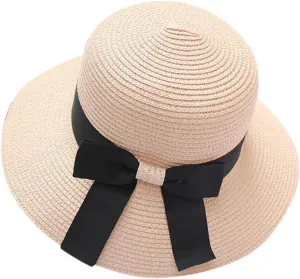Women Bow Straw Hat Foldable Sunscreen Beach Bucket Hats Summer Sunshade Wide Brim Sun Hats