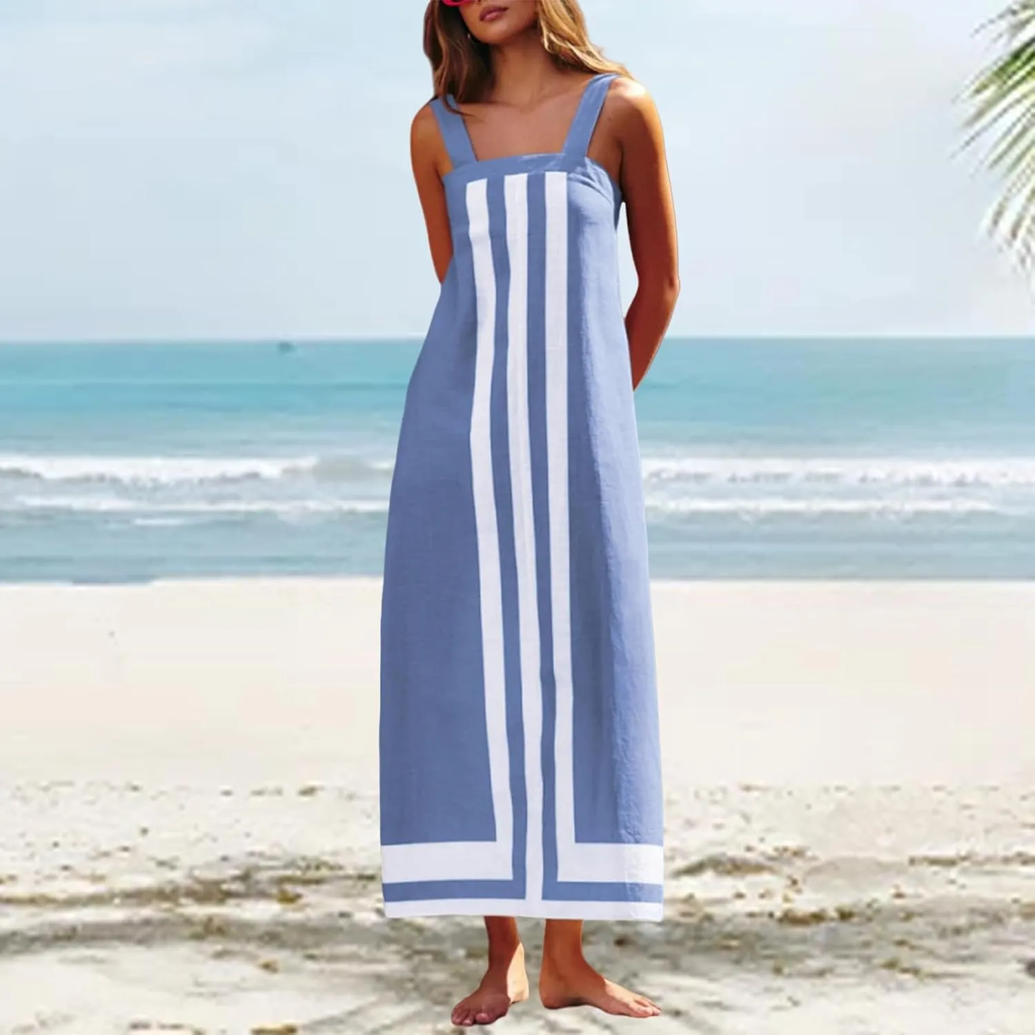 Women Casual Bohe Floral Dress Summer Casual Color Block Beach Sundress Shoulder Strap Vacation Maxi Dress Coverups