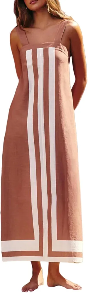 Women Casual Bohe Floral Dress Summer Casual Color Block Beach Sundress Shoulder Strap Vacation Maxi Dress Coverups