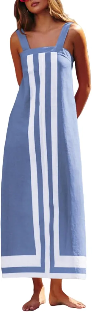 Women Casual Bohe Floral Dress Summer Casual Color Block Beach Sundress Shoulder Strap Vacation Maxi Dress Coverups