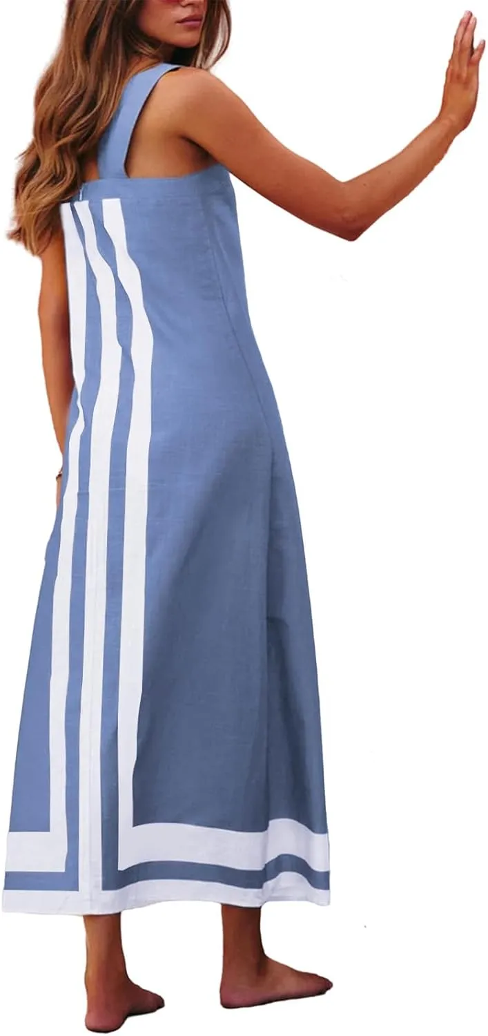 Women Casual Bohe Floral Dress Summer Casual Color Block Beach Sundress Shoulder Strap Vacation Maxi Dress Coverups