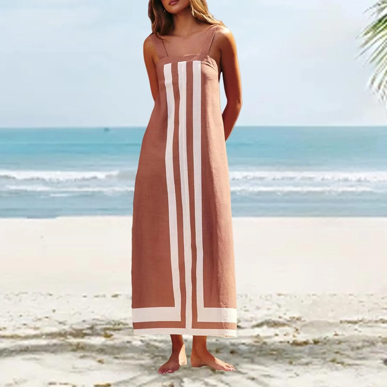 Women Casual Bohe Floral Dress Summer Casual Color Block Beach Sundress Shoulder Strap Vacation Maxi Dress Coverups
