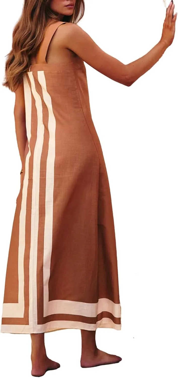 Women Casual Bohe Floral Dress Summer Casual Color Block Beach Sundress Shoulder Strap Vacation Maxi Dress Coverups