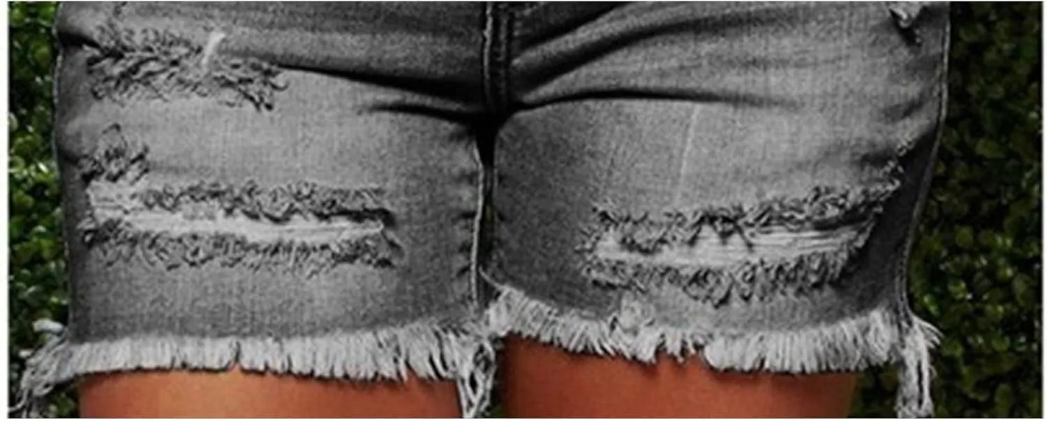 Women Casual Stretchy Denim Shorts High Waisted Ripped Jeans Shorts Distressed Hem Frayed Denim Hot Short