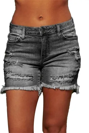 Women Casual Stretchy Denim Shorts High Waisted Ripped Jeans Shorts Distressed Hem Frayed Denim Hot Short