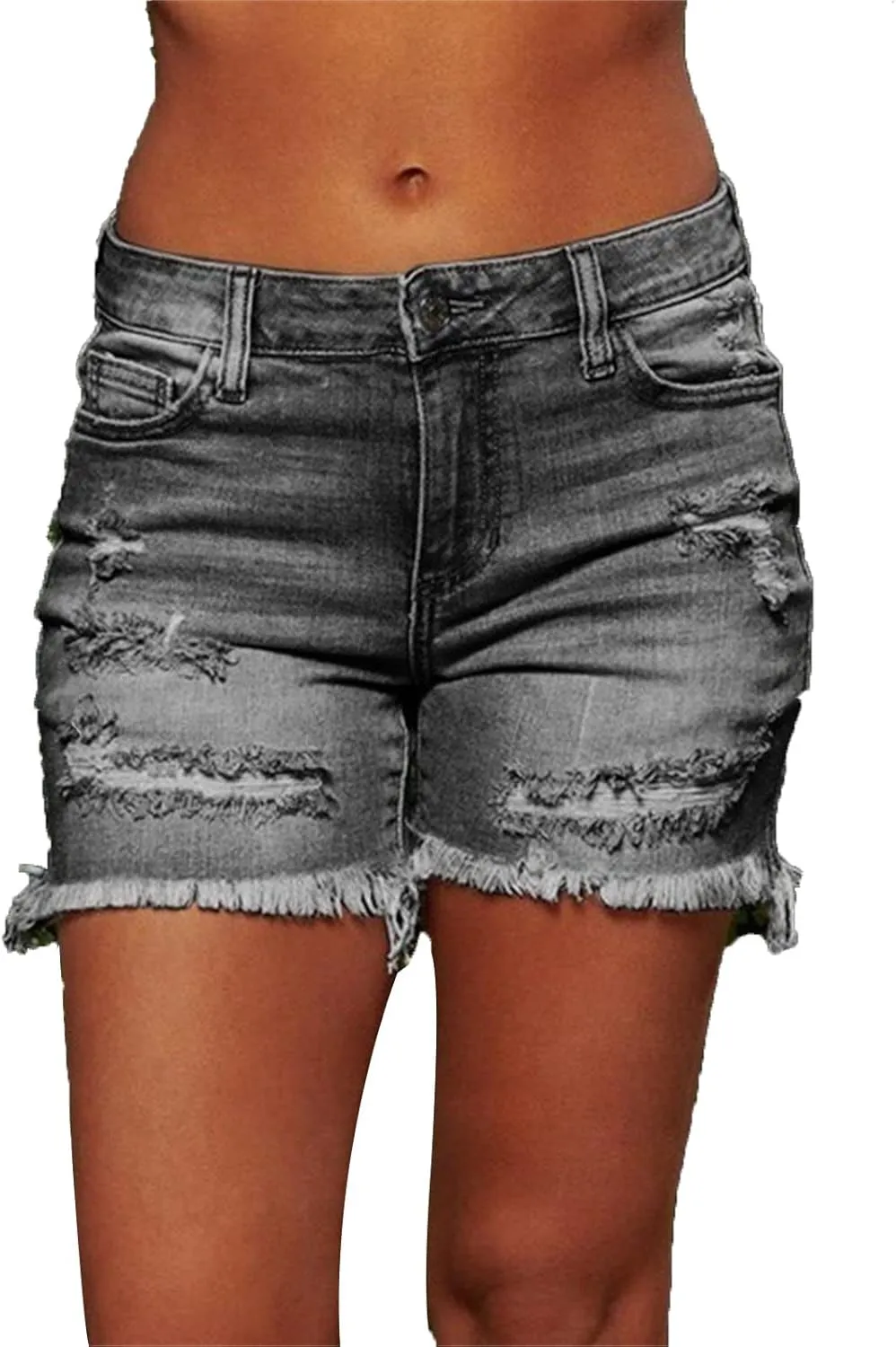 Women Casual Stretchy Denim Shorts High Waisted Ripped Jeans Shorts Distressed Hem Frayed Denim Hot Short