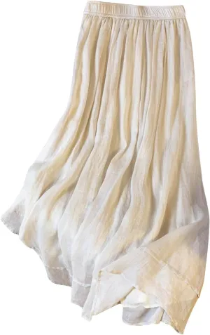 Women Cotton Linen Skirts Summer Trendy Elastic Waist Pleated Flowy A-Line Skirt Casual Solid Beach Vacation Skirts