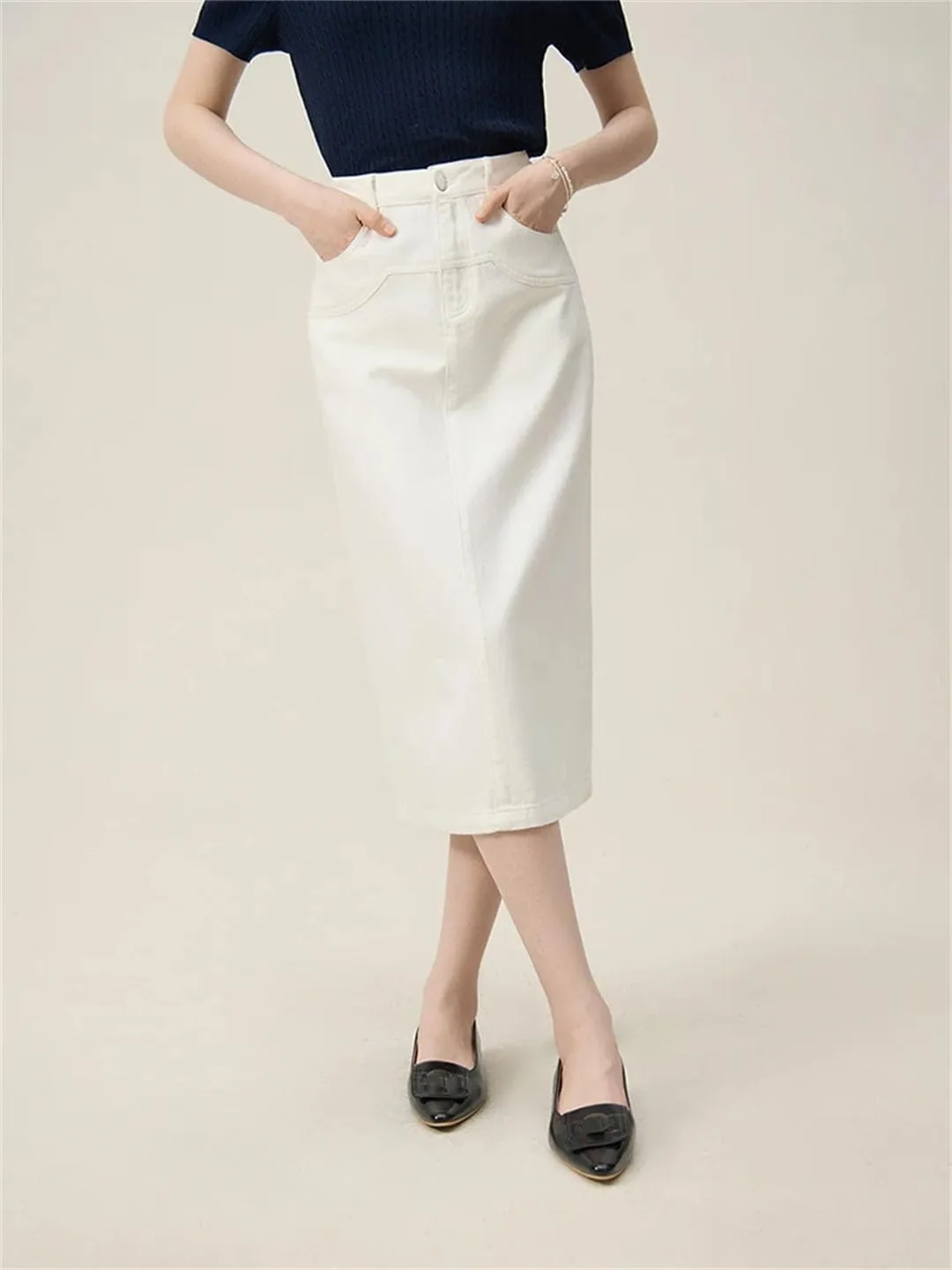 Women Denim Skirts Back Slit Design Long Denim Skirt