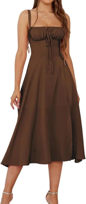Women Floral Corset Dress Boho Floral Sleeveless Slit Lace Up Dresses Casual Flowy Going Out A Line Midi Sundress