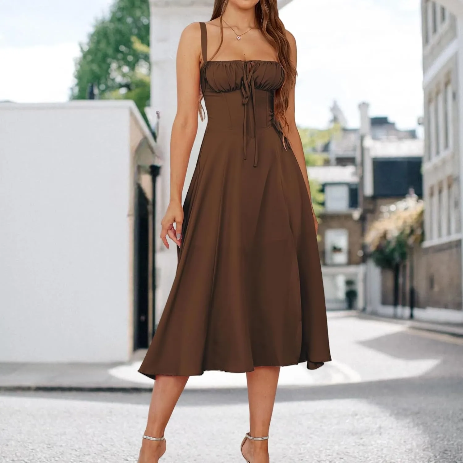 Women Floral Corset Dress Boho Floral Sleeveless Slit Lace Up Dresses Casual Flowy Going Out A Line Midi Sundress