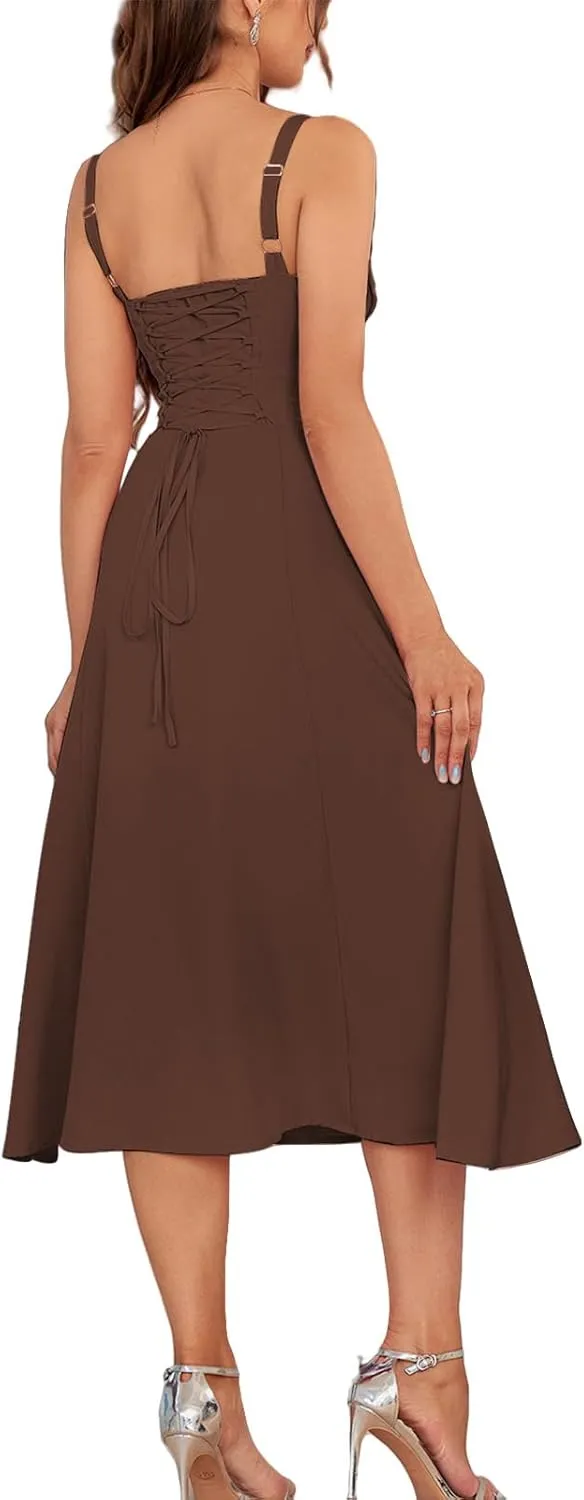 Women Floral Corset Dress Boho Floral Sleeveless Slit Lace Up Dresses Casual Flowy Going Out A Line Midi Sundress