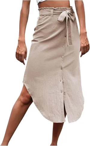 Women High Waist Skirt Irregular Hem Button Front Midi Skirt with Belt Elegant Office Fashion Casual Vintage Skirts