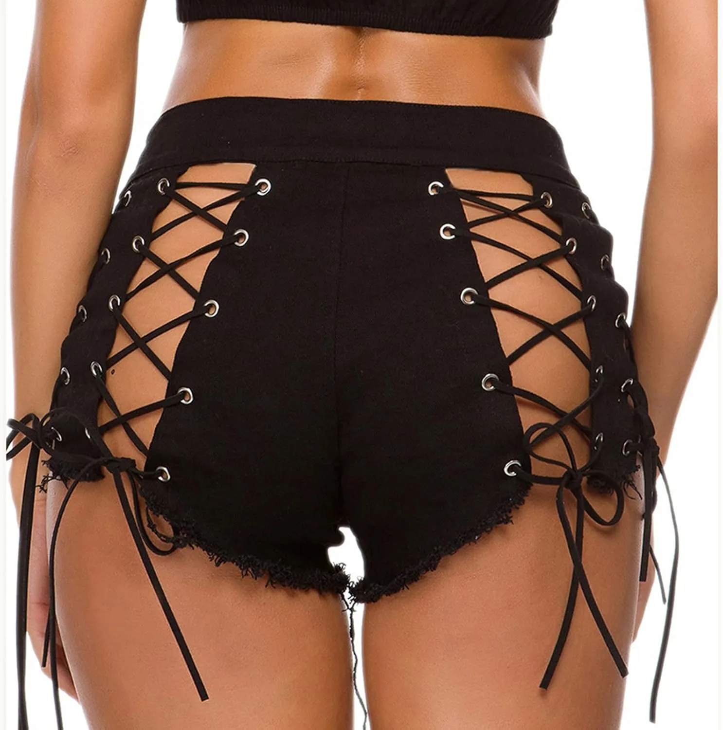Women High Waisted Strappy Denim Shorts Sexy Up Ripped Hole Tassel Jean Shorts Stretch Casual Denim Hot Shorts