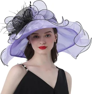 Women Kentuck𝚢 Organz𝐚 Derby Hat Bridal Wedding Church Tea Party Wide Brim Summer Sun Cap Tea Hats (Purple, One Size)