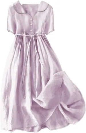 Women Korean Style Dresses Lace-Up Waist-Defined Henley Shirt Midi Dress Summer Half Sleeve Trendy A-Line Dress