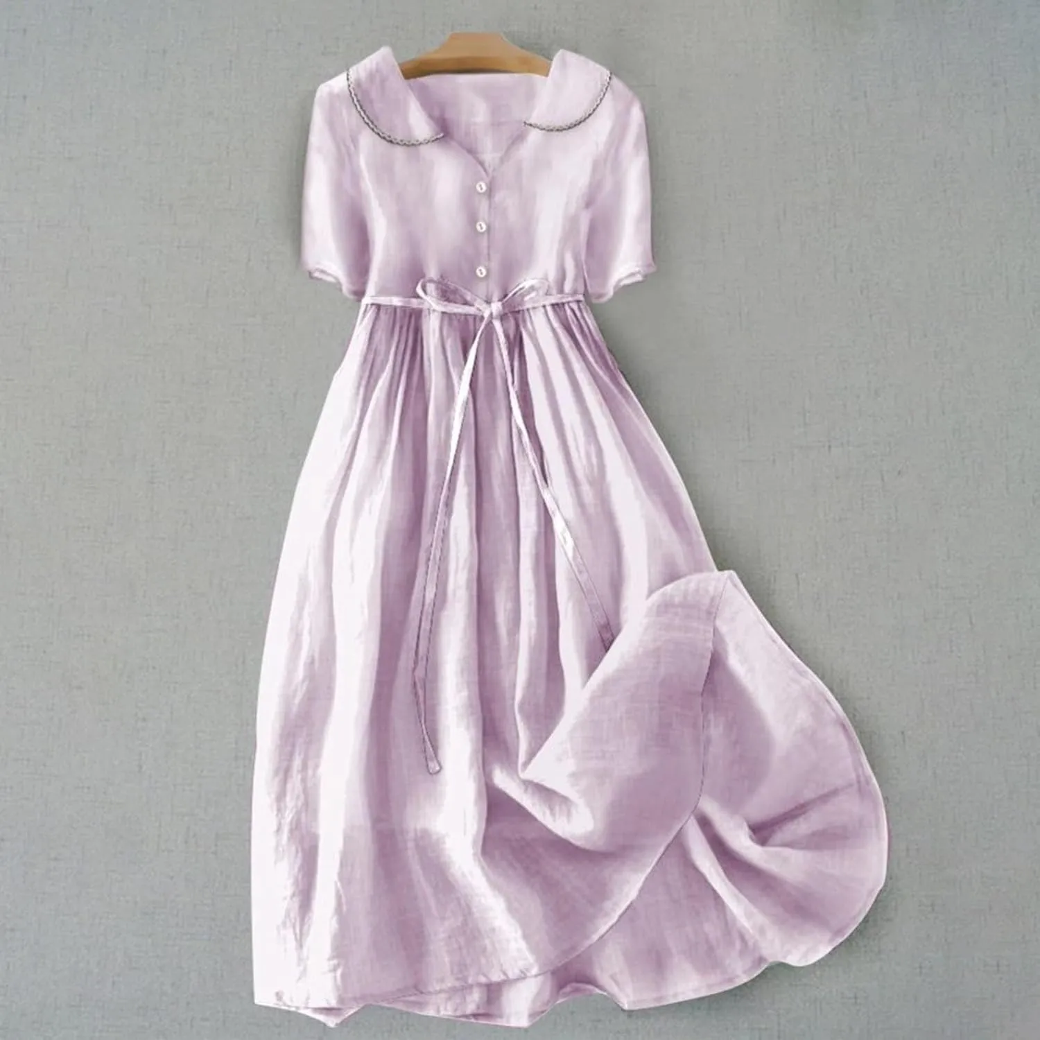 Women Korean Style Dresses Lace-Up Waist-Defined Henley Shirt Midi Dress Summer Half Sleeve Trendy A-Line Dress