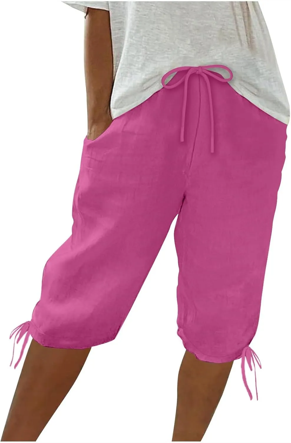 Women Linen Pants 2025 Summer Casual Capri Pants Cropped Tapered Lightweight Pants Travel Beach Outfits with Pocket