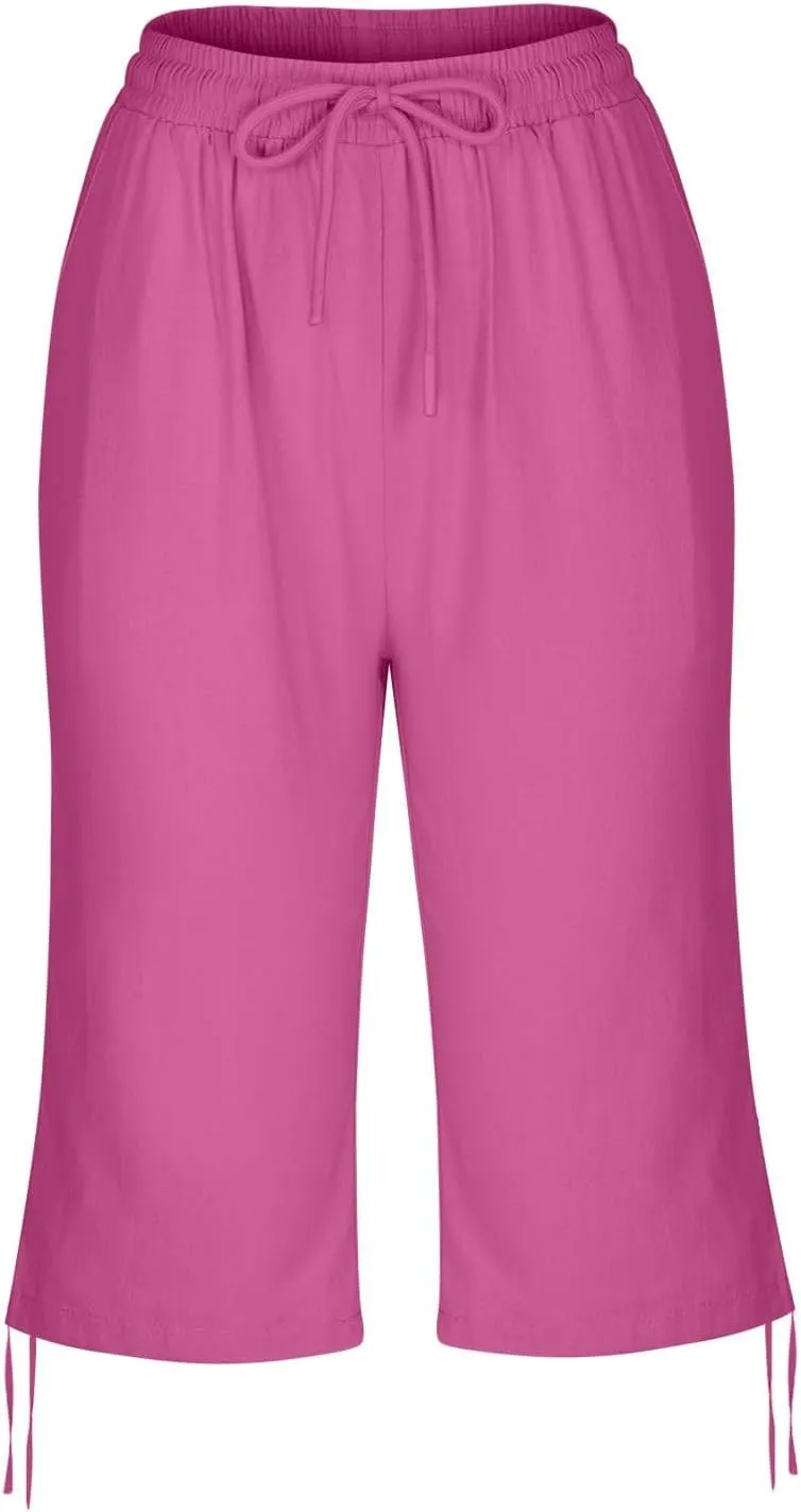 Women Linen Pants 2025 Summer Casual Capri Pants Cropped Tapered Lightweight Pants Travel Beach Outfits with Pocket