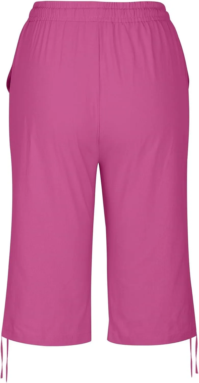 Women Linen Pants 2025 Summer Casual Capri Pants Cropped Tapered Lightweight Pants Travel Beach Outfits with Pocket