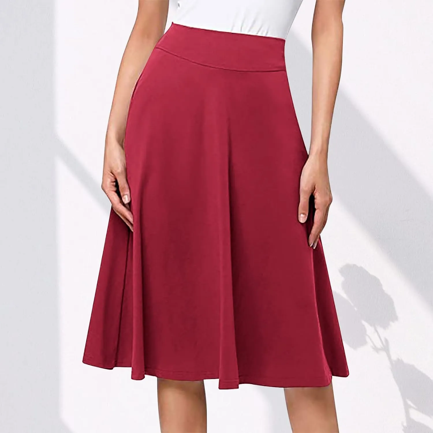 Women Midi Skirt High Waisted Zipper Solid Color Casual Flowy Knee Length Beach Skirts Ladies Summer Work Outfit