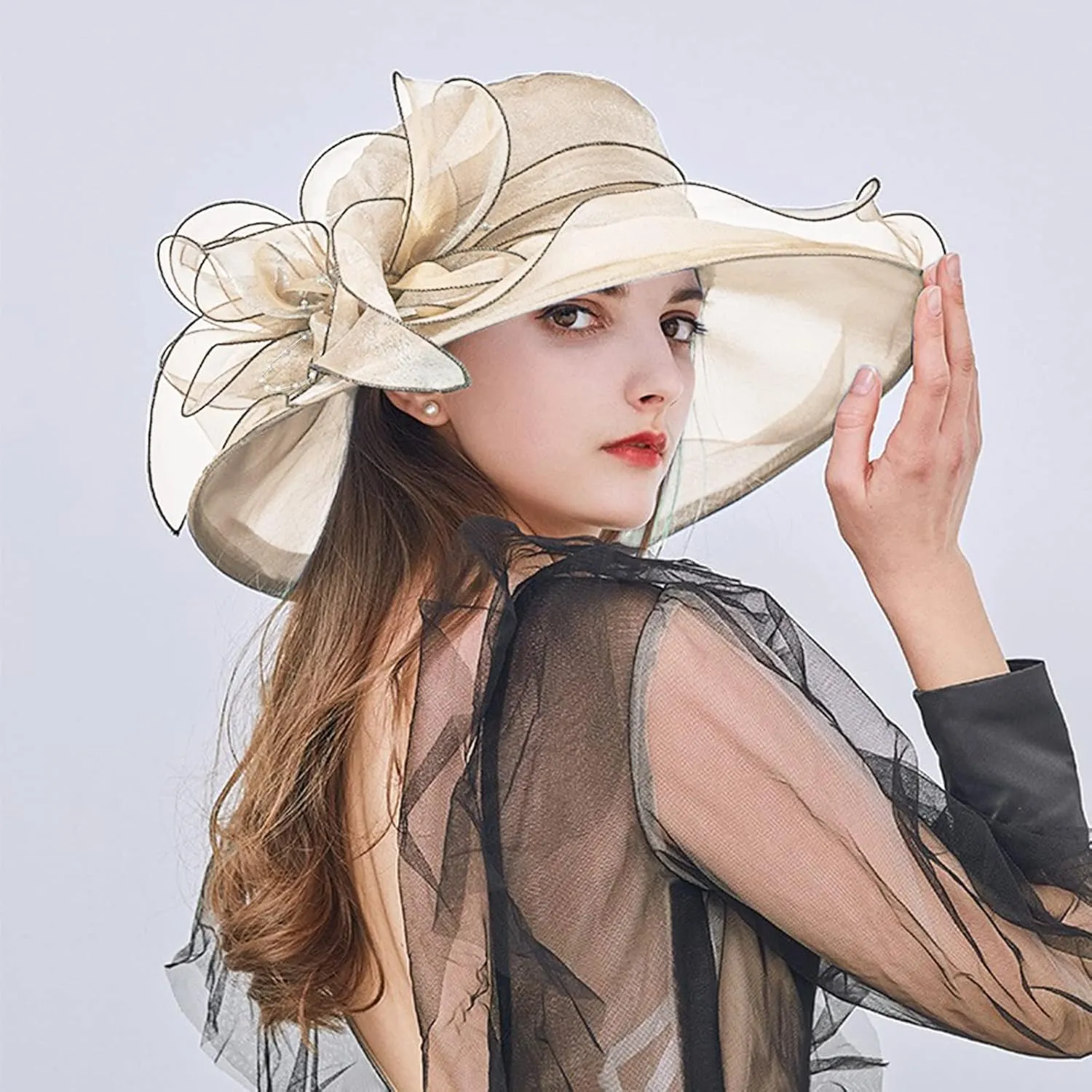 Women Organza Kentucky Church Derby Cap Wide Brim Sun Hats for Wedding Tea Party Fascinator UV Protection Caps