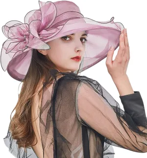 Women Organza Kentucky Church Derby Cap Wide Brim Sun Hats for Wedding Tea Party Fascinator UV Protection Caps
