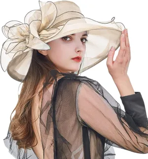 Women Organza Kentucky Church Derby Cap Wide Brim Sun Hats for Wedding Tea Party Fascinator UV Protection Caps