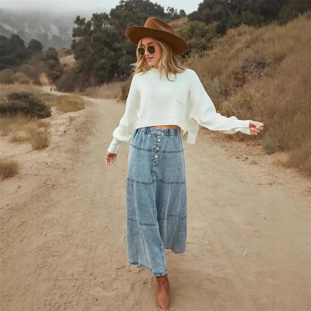 Women Snow Denim Blue Layered Maxi Skirts Do Old Plaid Patchwork A-Line Boho Denim Skirts