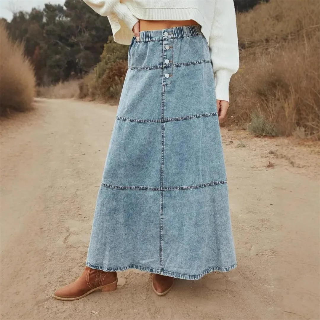 Women Snow Denim Blue Layered Maxi Skirts Do Old Plaid Patchwork A-Line Boho Denim Skirts