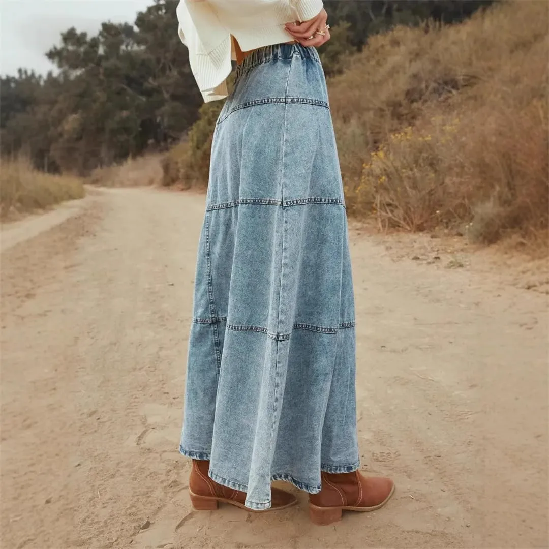 Women Snow Denim Blue Layered Maxi Skirts Do Old Plaid Patchwork A-Line Boho Denim Skirts