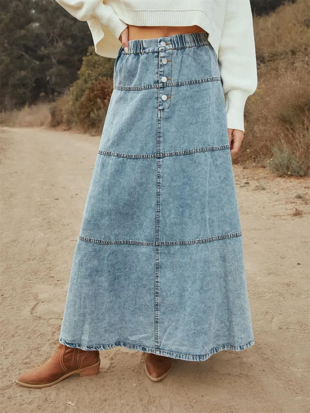 Women Snow Denim Blue Layered Maxi Skirts Do Old Plaid Patchwork A-Line Boho Denim Skirts