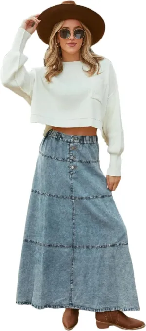 Women Snow Denim Blue Layered Maxi Skirts Do Old Plaid Patchwork A-Line Boho Denim Skirts