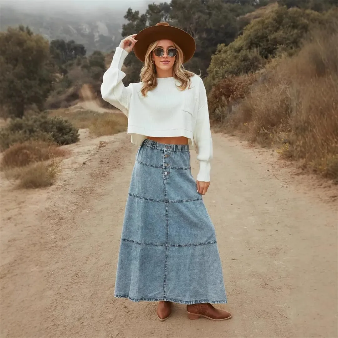 Women Snow Denim Blue Layered Maxi Skirts Do Old Plaid Patchwork A-Line Boho Denim Skirts
