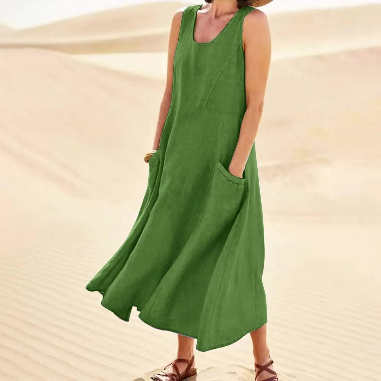 Women Summer Casual Dress 2025 Women's Summer Casual Sleeveless Long Maxi Beach Dress Plus Size Cotton Sundress Sun