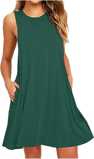 Women Summer Casual Swing Tank Dresses Beach Cover up Loose Dress Casual Sleeveless Tshirt Sundress with Pockets