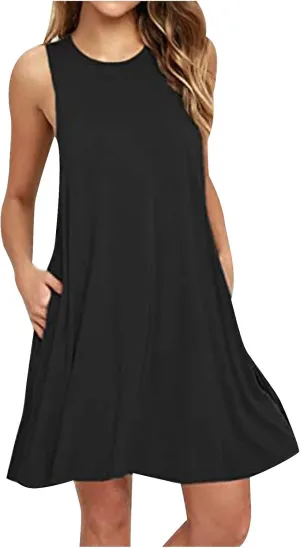 Women Summer Casual Swing Tank Dresses Beach Cover up Loose Dress Casual Sleeveless Tshirt Sundress with Pockets