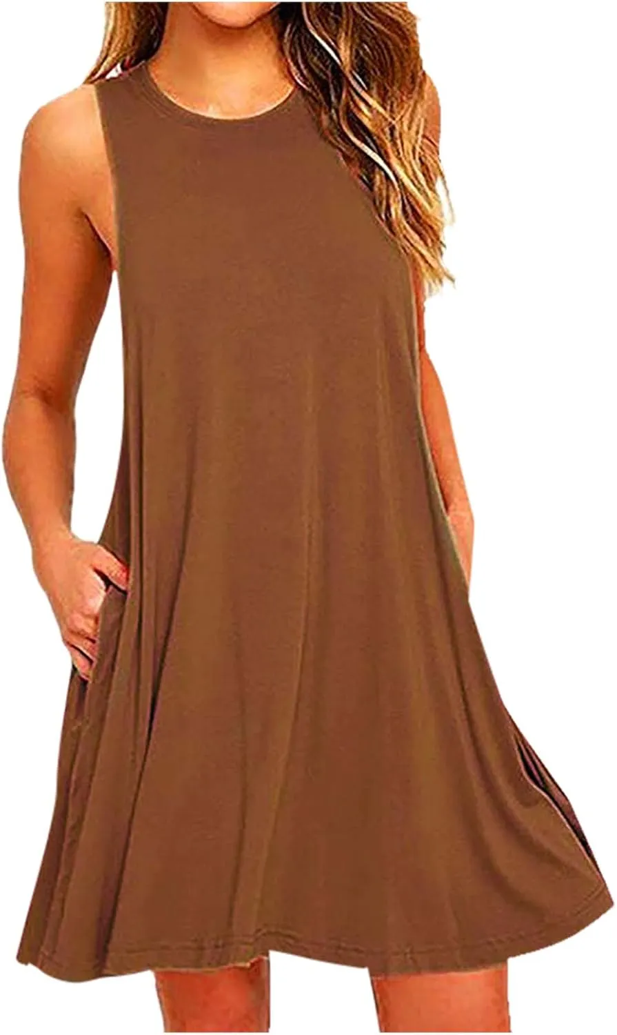 Women Summer Casual Swing Tank Dresses Beach Cover up Loose Dress Casual Sleeveless Tshirt Sundress with Pockets
