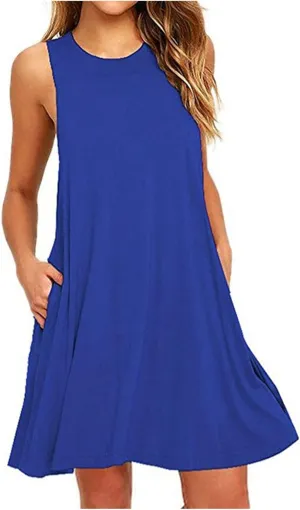 Women Summer Casual Swing Tank Dresses Beach Cover up Loose Dress Casual Sleeveless Tshirt Sundress with Pockets
