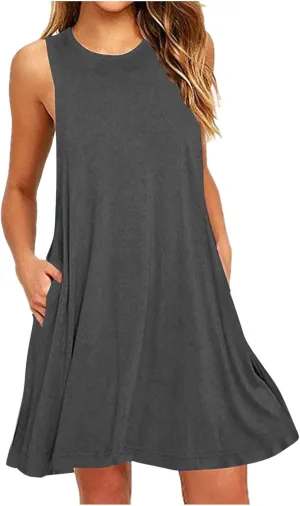 Women Summer Casual Swing Tank Dresses Beach Cover up Loose Dress Casual Sleeveless Tshirt Sundress with Pockets