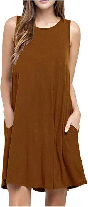 Women Summer Casual Swing Tank Dresses Beach Cover up Loose Dress Casual Sleeveless Tshirt Sundress with Pockets
