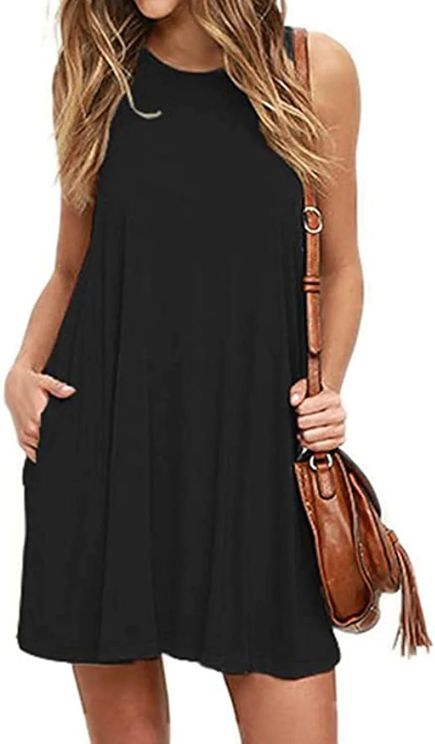 Women Summer Casual Swing Tank Dresses Beach Cover up Loose Dress Casual Sleeveless Tshirt Sundress with Pockets