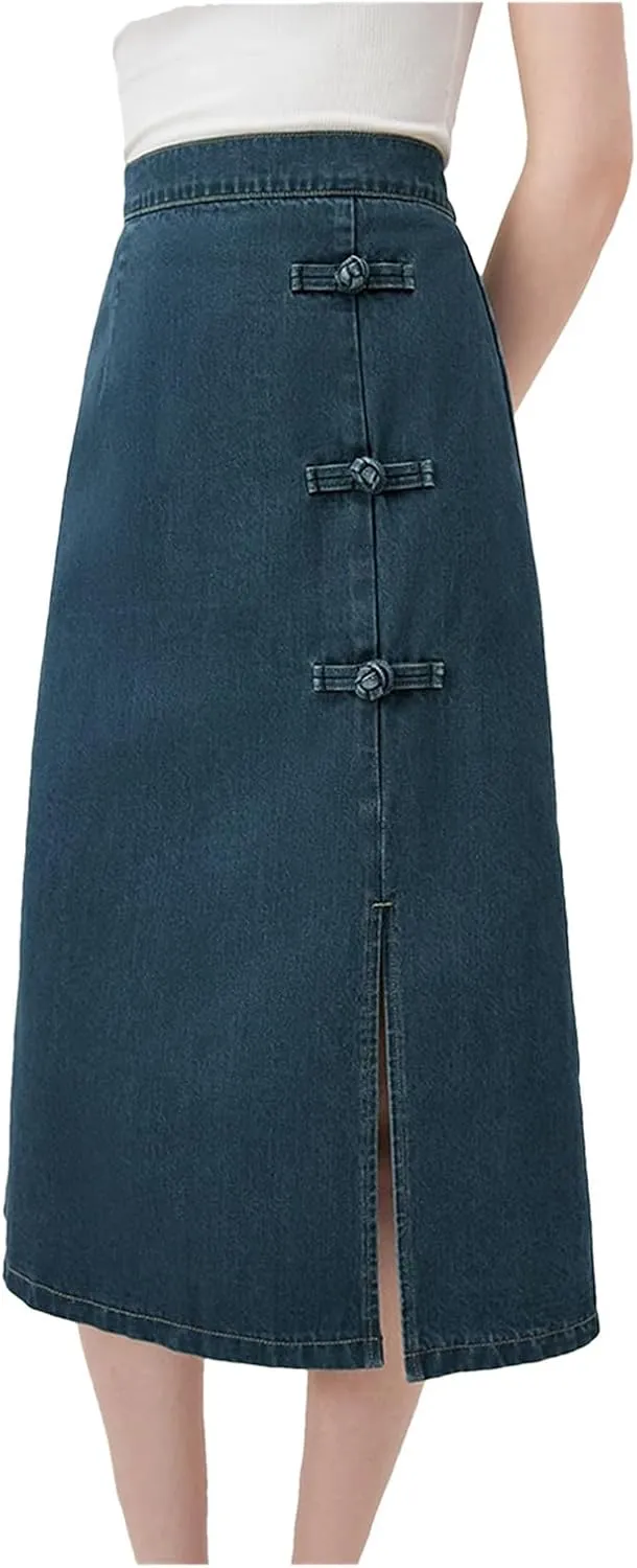 Women Summer Denim Skirts Back Elastic Waist Button Long Skirts Office Lady Dark Denim Skirt