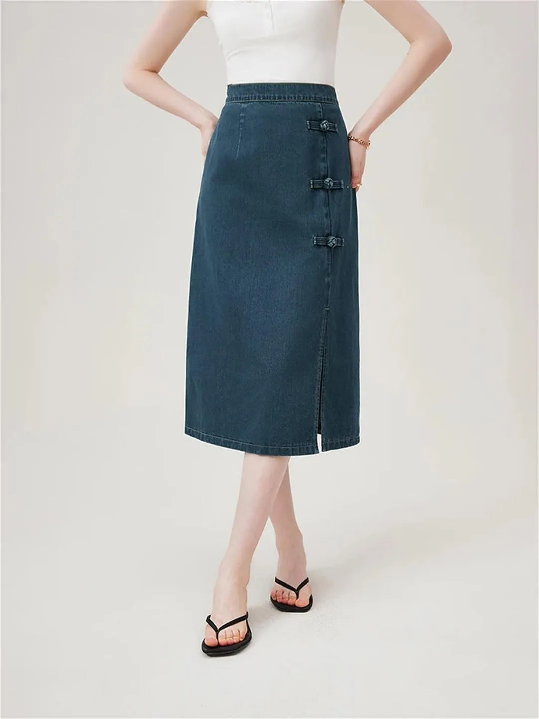 Women Summer Denim Skirts Back Elastic Waist Button Long Skirts Office Lady Dark Denim Skirt