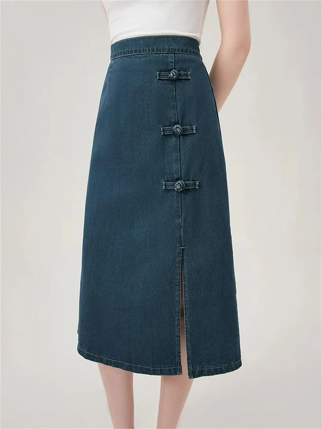 Women Summer Denim Skirts Back Elastic Waist Button Long Skirts Office Lady Dark Denim Skirt
