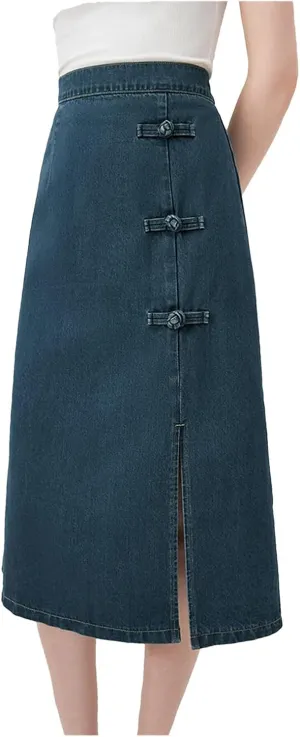Women Summer Denim Skirts Back Elastic Waist Button Long Skirts Office Lady Dark Denim Skirt