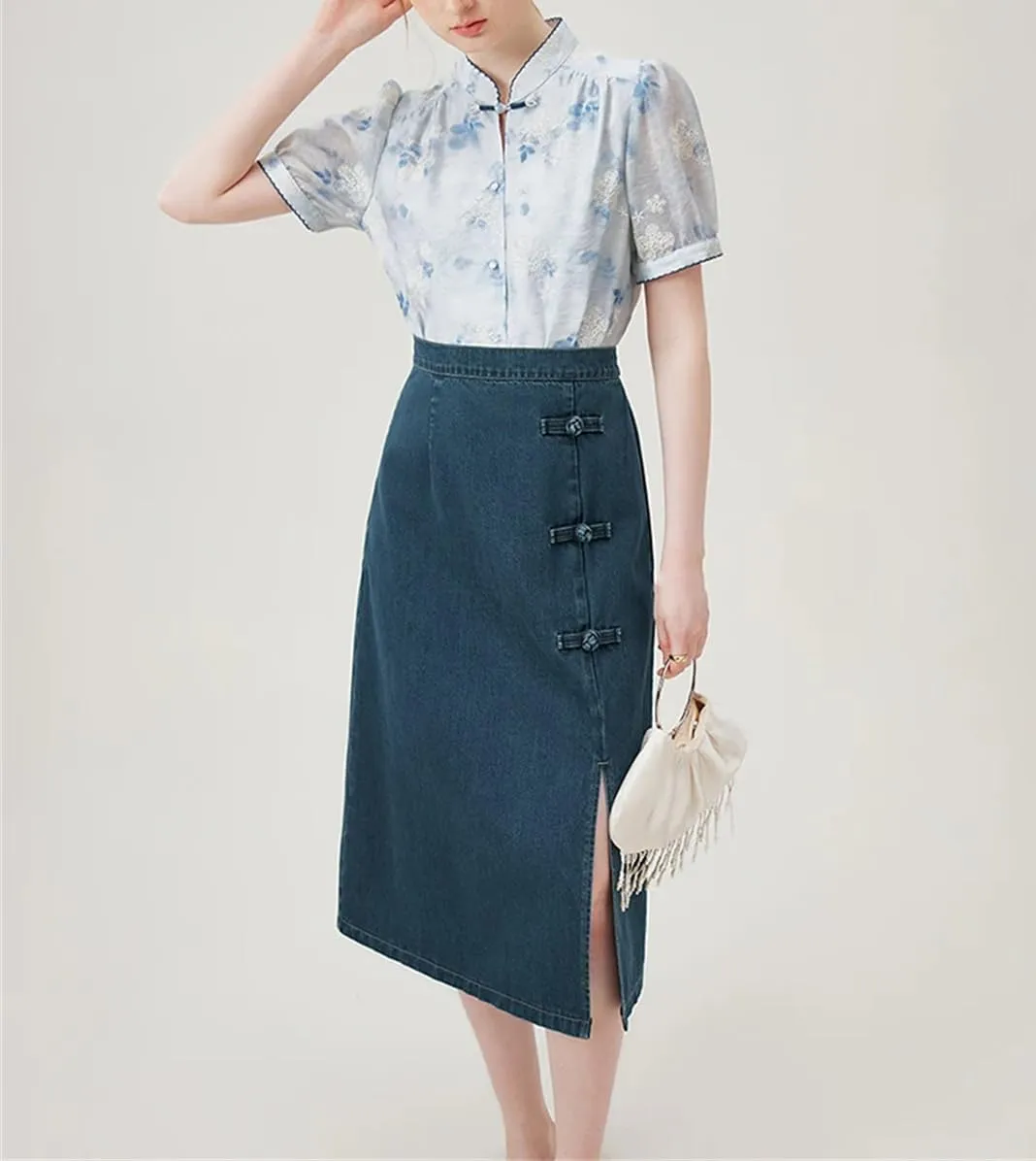 Women Summer Denim Skirts Back Elastic Waist Button Long Skirts Office Lady Dark Denim Skirt